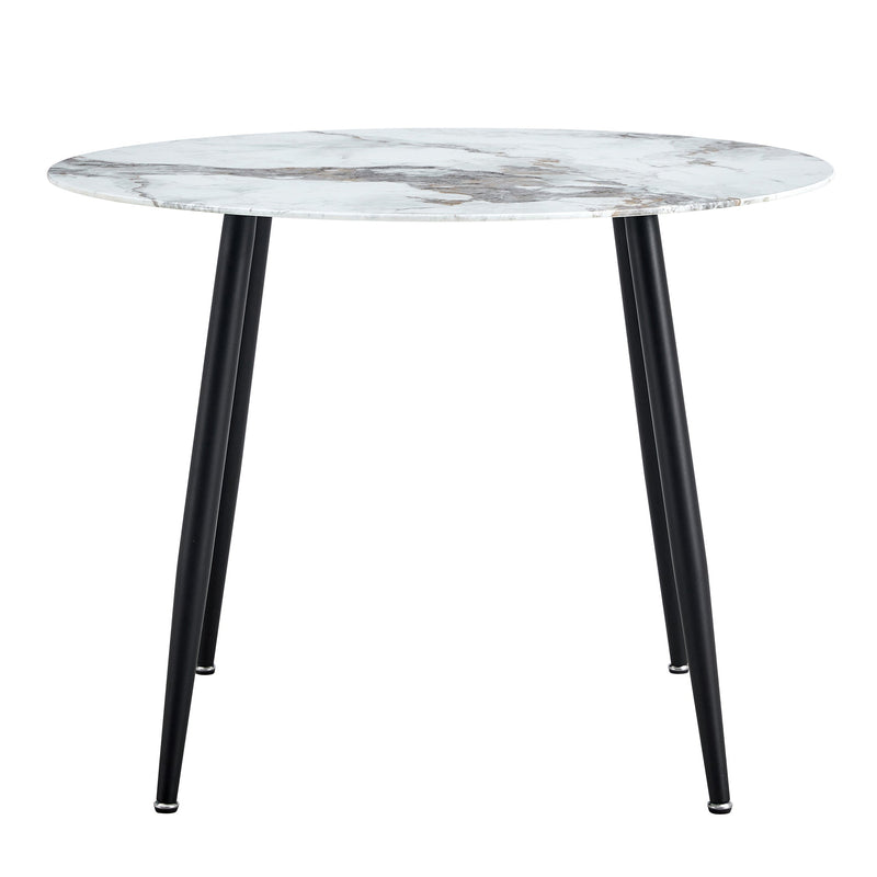 A modern minimalist circular dining table with a diameter of 40 inches, a 0.3 inch thick imitation marble pattern tabletop and black metal legs 40 'x 40' x 30 'DT-1164