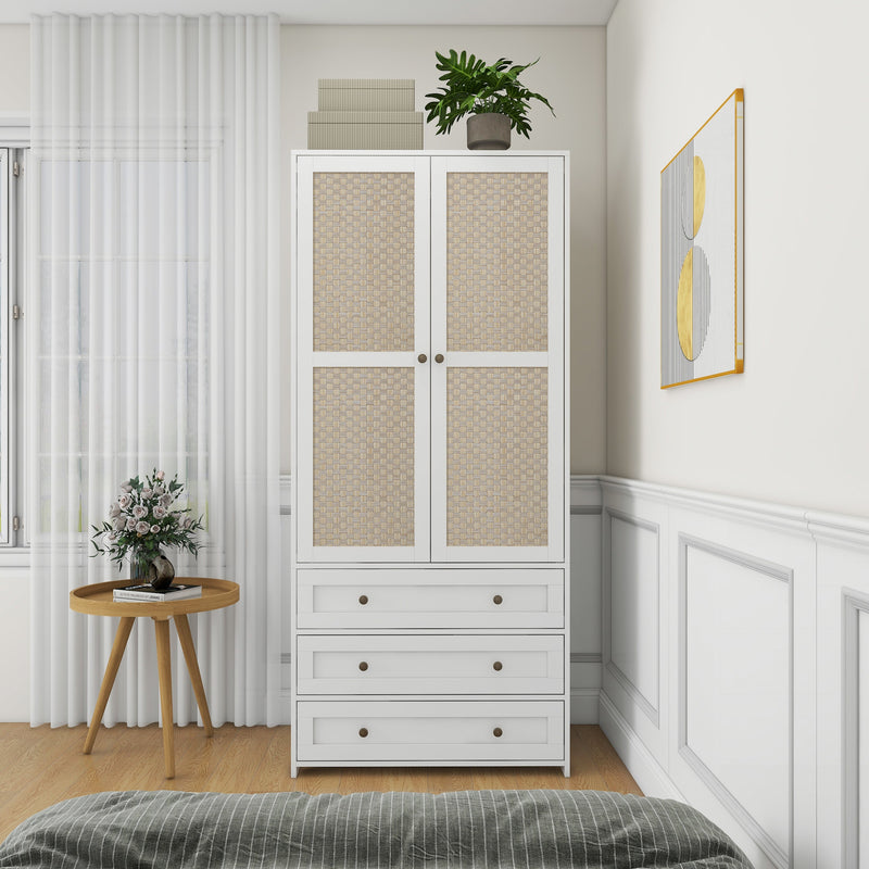 Walker Edison - 2-Door Wardrobe with 3 Drawers High Wardrobe  Armoire With 2 Rattan Door For Living Room, Bedroom Organizer