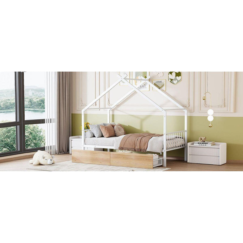 Twin Size Metal House Bed with Two Drawers, White