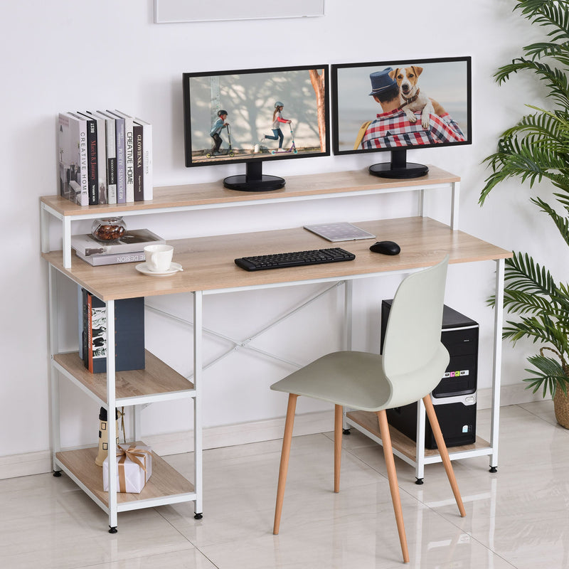55 Inch Home Office Computer Desk Study Writing Workstation with Storage Shelves, Elevated Monitor Shelf, CPU Stand, Durable X-Shaped Construction, Oak Wood Grain
