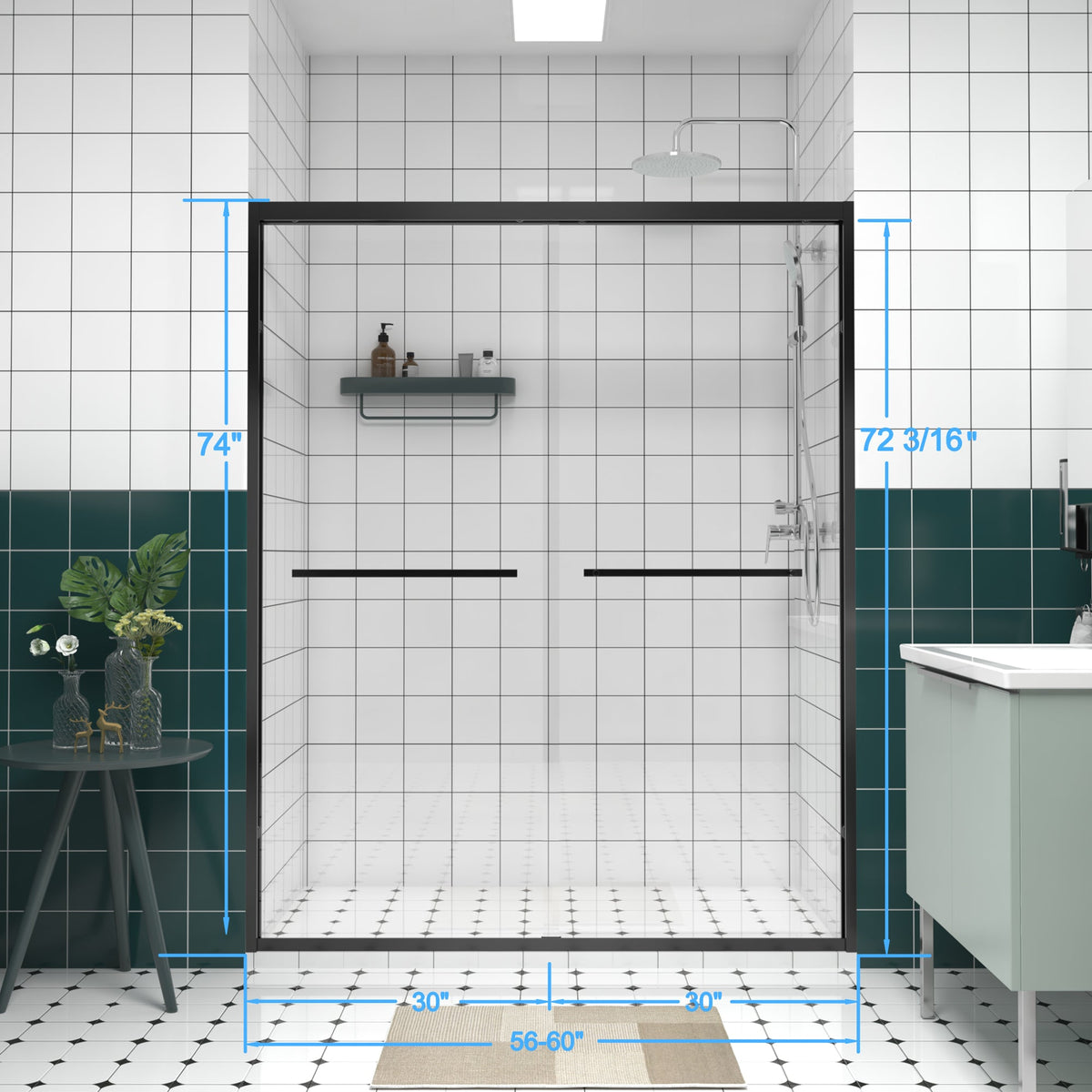 56-60"x74" Aluminum Frame Double Sliding Shower Door, photo 2 of 10