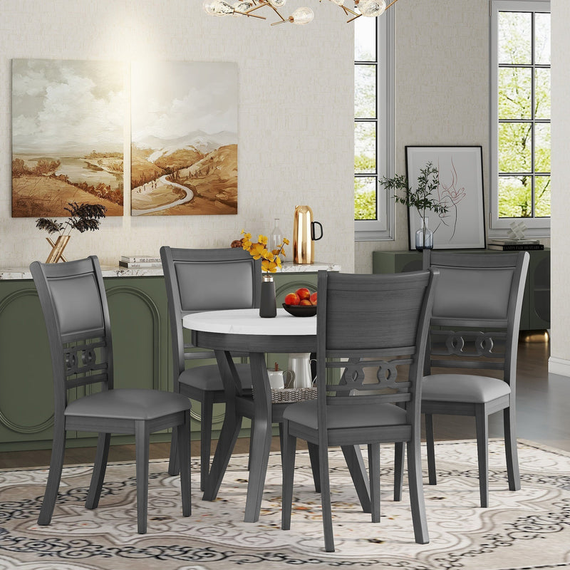 5-piece Dining Round Table Set with One Faux Marble Top Dining Table and Four PU-leather Chairs,Grey