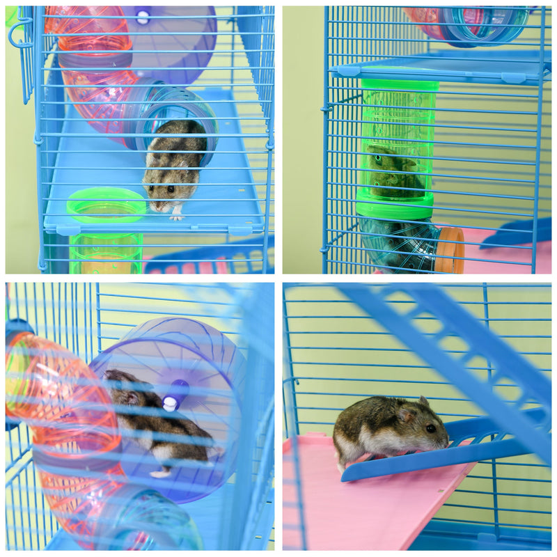 18.5" 5 Tier Hamster Cage with Tubes and Tunnels, Small Animal Cage, Rat Gerbil Cage with Water Bottle, Food Dish, Exercise Wheel, Blue