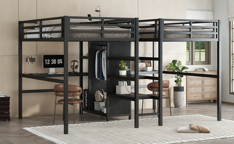 Twin Over Twin Metal Loft Bed with Double Desk and Wardrobe and Shelves with Electrical Outlet for Space Saving and Noise Reduction,Black