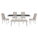 6-Piece Classic Dining Table Set, Rectangular Extendable Dining Table with two 12"W Removable Leaves and 4 Upholstered Chairs & 1 Bench for Dining Room (Gray+White)