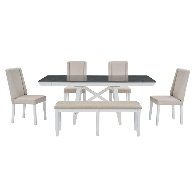6-Piece Classic Dining Table Set, Rectangular Extendable Dining Table with two 12"W Removable Leaves and 4 Upholstered Chairs & 1 Bench for Dining Room (Gray+White)