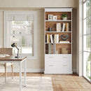 5 Tier White Bookcase With 2 Drawers Storage Organizer For Living Room - White