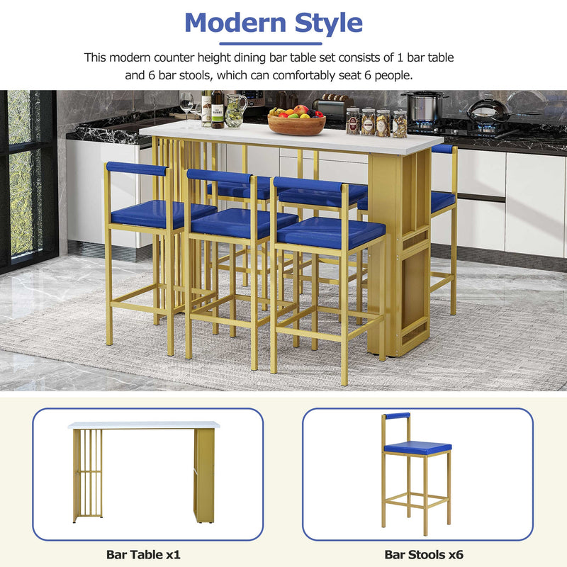 7-Piece Multi-Functional Modern Counter Height Dining Bar Table Set with Open Shelves and 6 Upholstered Stools for Dining Room, Bar and Cafe (White and Blue)