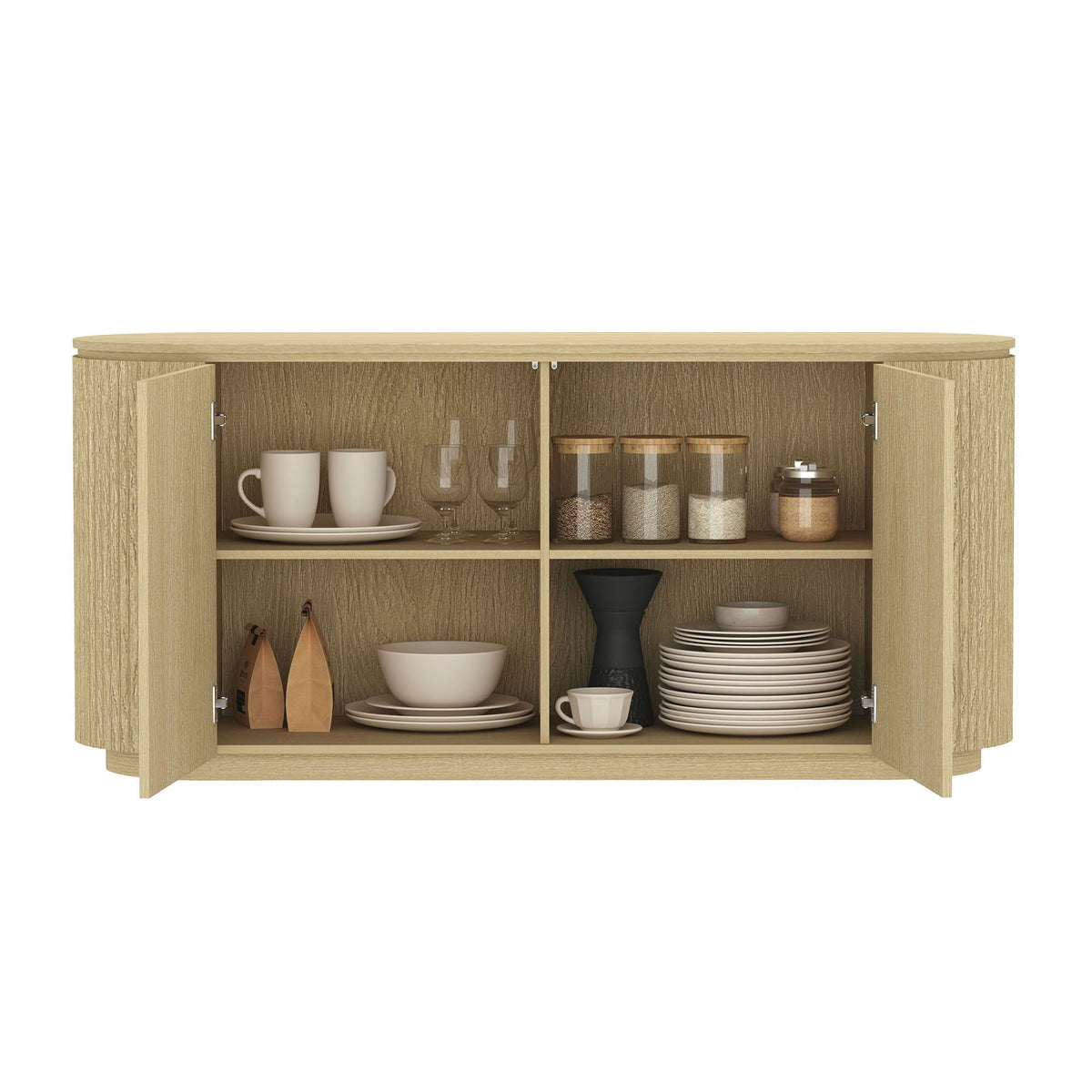 Olivia - Sideboard With 4 Adjustable Shelves With Handle Free Doors And Rounded Edges - Oak, photo 9 of 12