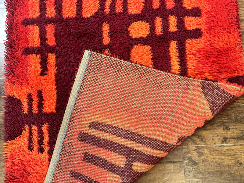 Danish Rya Shag Rug 4x6, Red Vintage Mid Century Retro Abstract Shag Rug