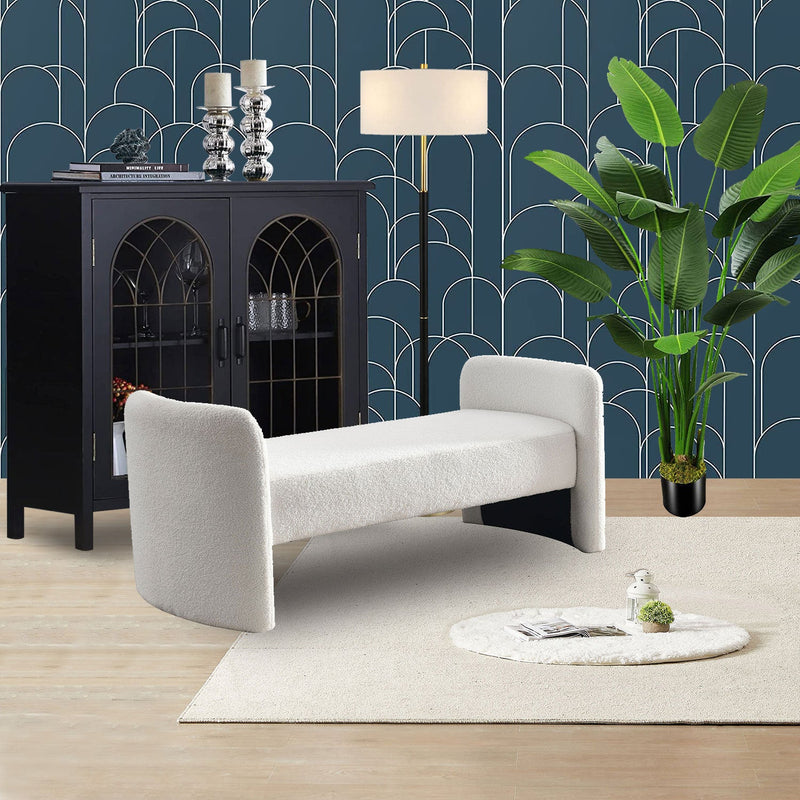 52" Bench for Bedroom End of Bed Modern Contemporary Design Ottoman Couch Long Bench Window Sitting Fireplace Bench, Teddy White (Ivory)