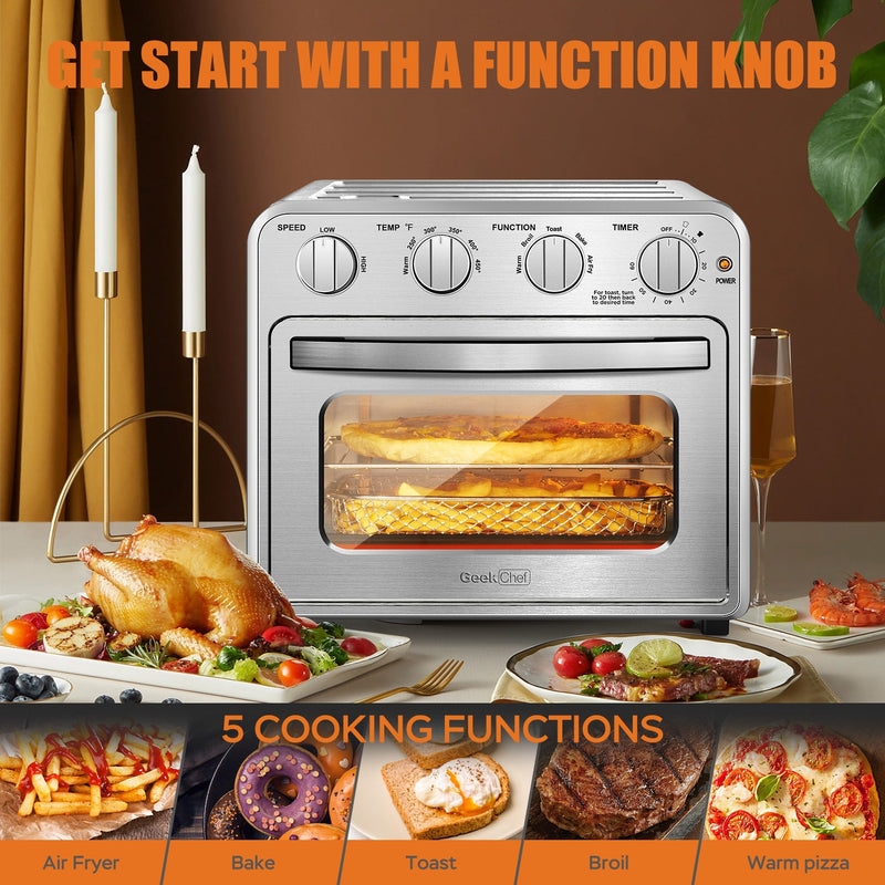 Geek Chef Air Fryer Toaster Oven Combo, 4 Slice Toaster Convection Air Fryer Oven Warm, Broil, Toast, Bake, Air Fry, Oil-Free, Accessories Included, Stainless Steel, Silver (16QT Air Fryer Oven)