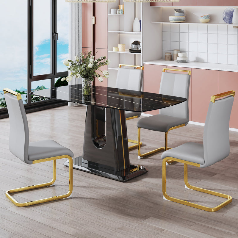 A modern, minimalist, and luxurious table. A black imitation marble tabletop with MDF U-shaped legs. Dining table, computer table. For restaurants and living rooms 63" x 35.4"x 30" F-U