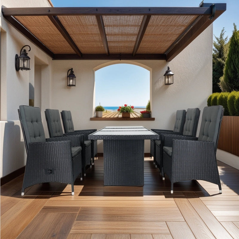 7 Piece Outdoor Patio Wicker Dining Set Patio With Adjustable Backrest Black Wicker + Dark Grey Cushion