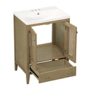 24" Bathroom Vanity with Ceramic Basin, Rattan Bathroom Storage Cabinet with Two Doors and Drawer, Solid Frame, Natural