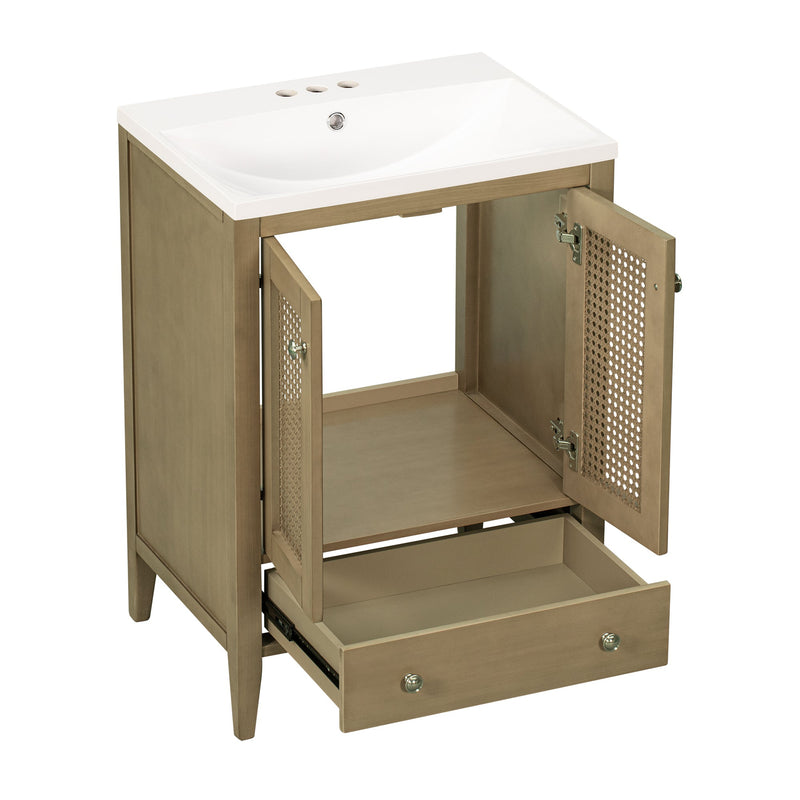 24" Bathroom Vanity with Ceramic Basin, Rattan Bathroom Storage Cabinet with Two Doors and Drawer, Solid Frame, Natural