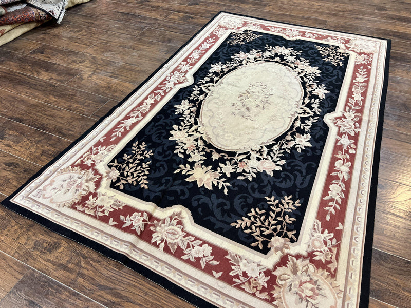 Needlepoint Rug 5x8, Wool Handmade Vintage European Design Carpet, Black & Maroon, French Aubusson Pattern Flatweave Rug