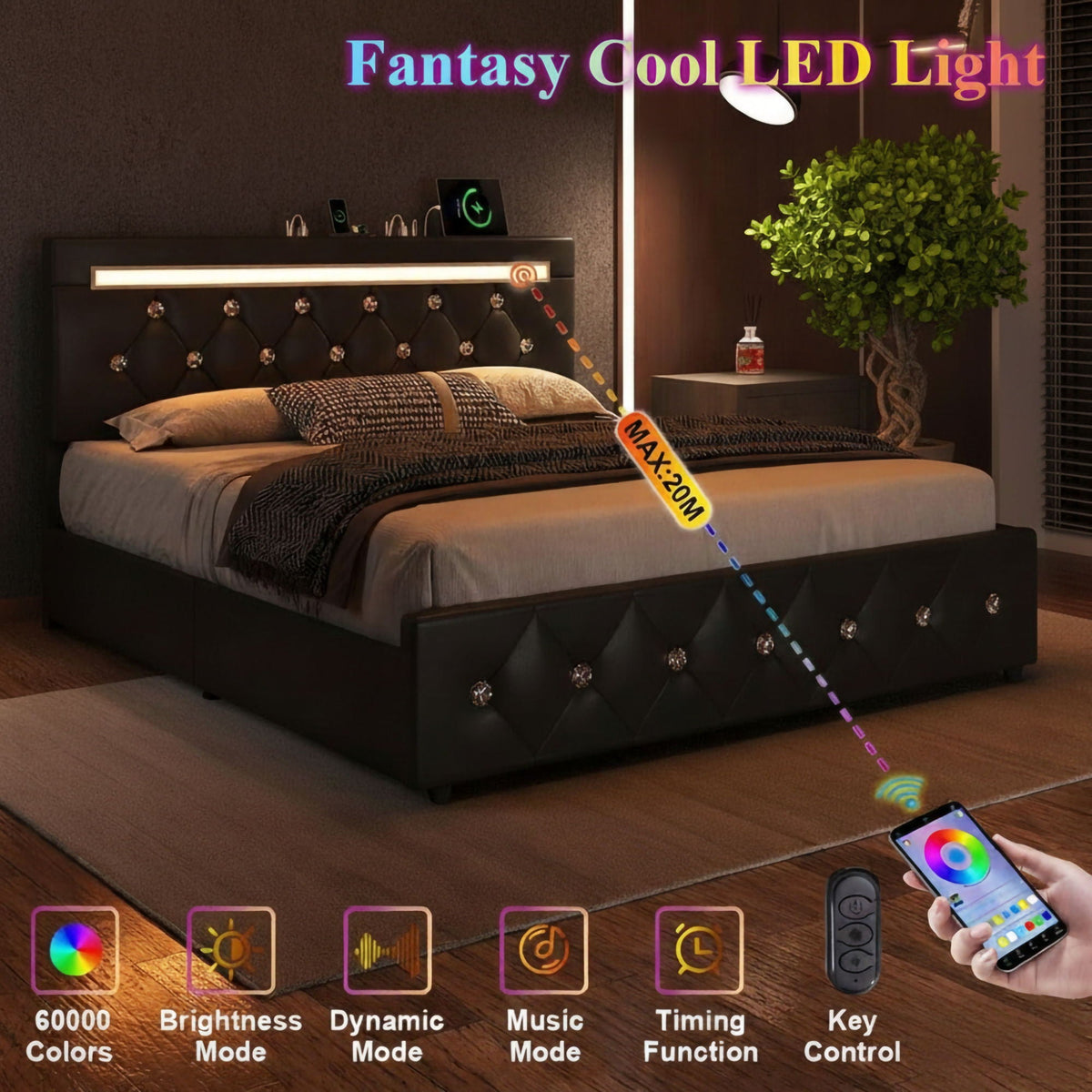 Upholstered Bed Frame With LED Lights, 4 Storage Drawers, Charging Station, photo 25 of 31