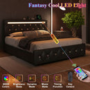 Upholstered Bed Frame With LED Lights, 4 Storage Drawers, Charging Station