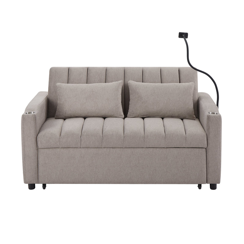 55.9" Convertible Sofa Bed Loveseat Sofa with Three USB Ports, Two Side Pockets, Two Cup Holders and 360Swivel Phone Holder for Living Room, Light Grey