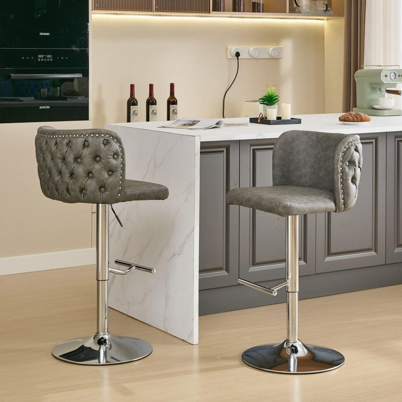 Swivel Barstools Adjusatble Seat Height With Chrome Base, Modern PU Upholstered Bar Stools with the whole Back Tufted, for Home Pub and Kitchen Island,Gray, Set of 2