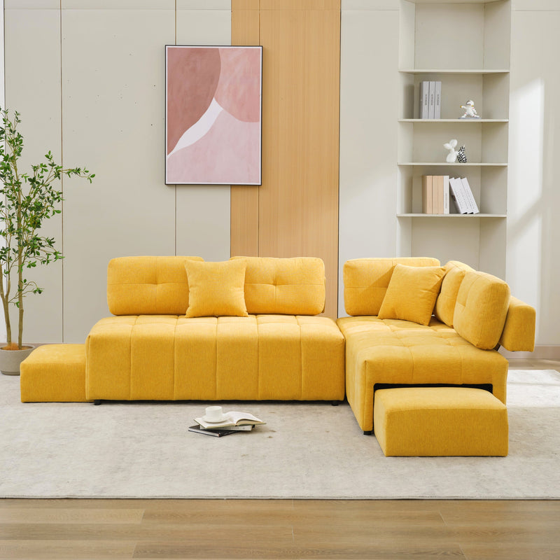 91.73" L-shaped Sofa Sectional Sofa Couch with 2 Stools and 2 Lumbar Pillows for Living Room, Yellow