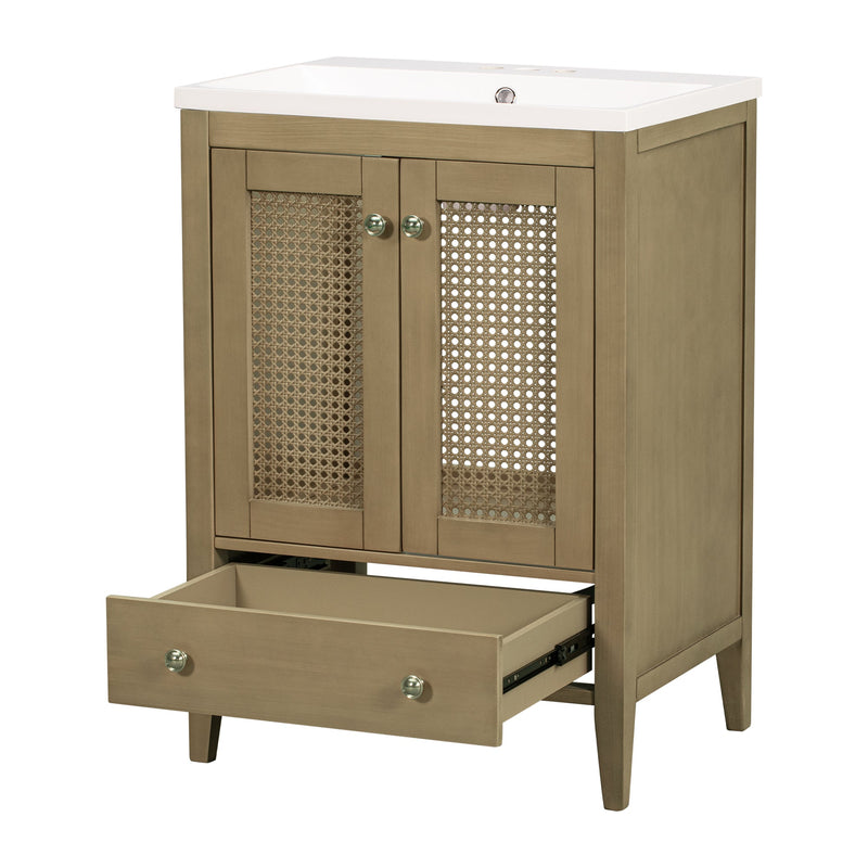 24" Bathroom Vanity with Ceramic Basin, Rattan Bathroom Storage Cabinet with Two Doors and Drawer, Solid Frame, Natural