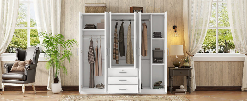 6-Doors Wooden Wardrobe Storage for Bedroom, with Big Drawers, White