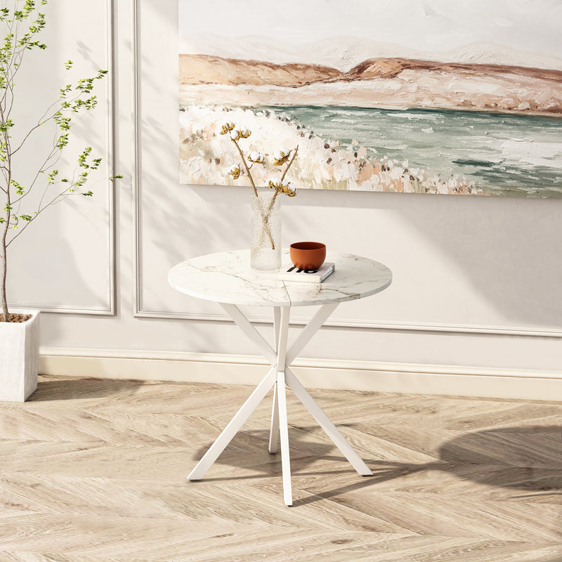 31.5" Modern Cross Leg Round Dining Table, White Marble Top Occasional Table, Two Piece Removable Top, Matte Finish Iron Legs