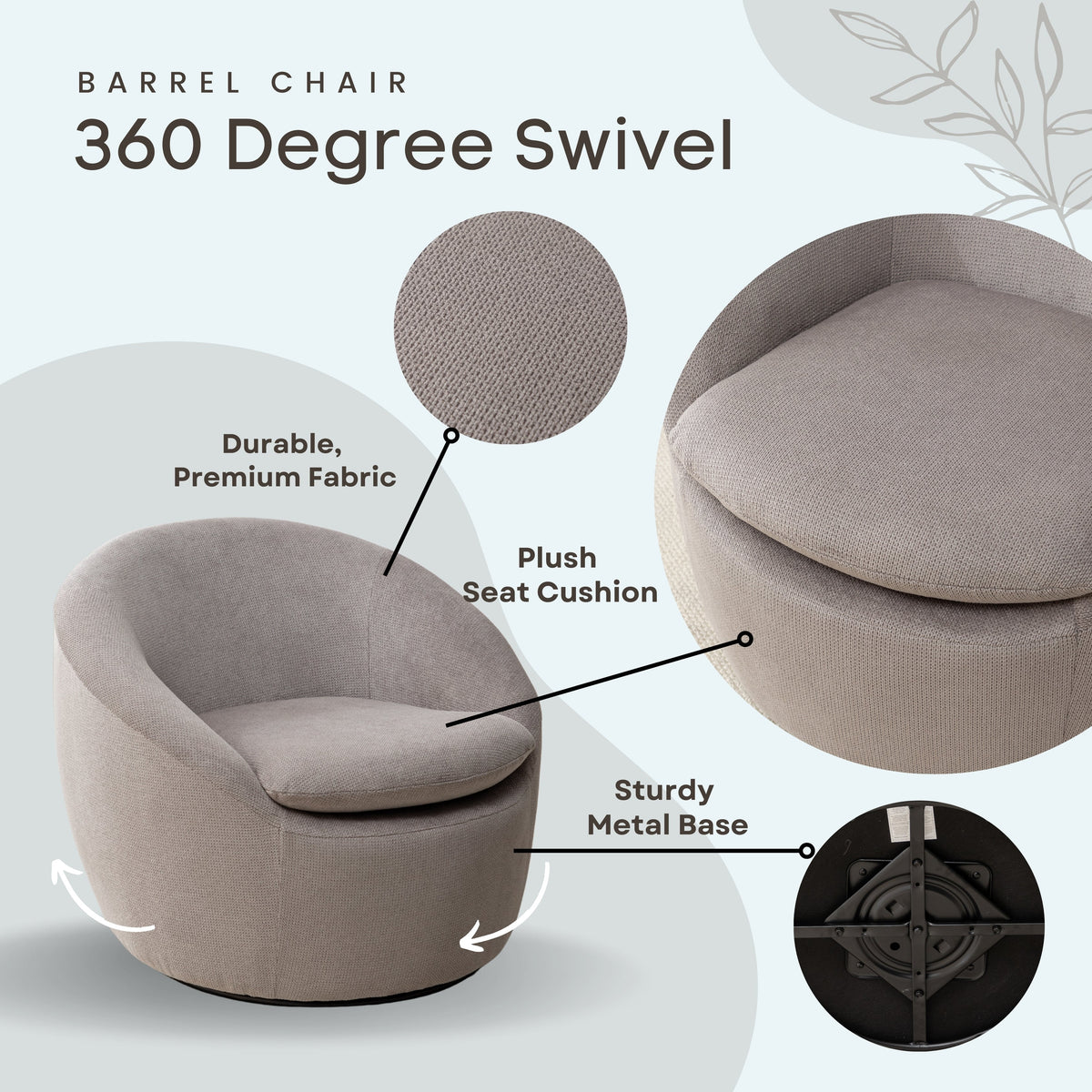 Winnie Modern Teddy Fabric Barrel Chair - 360° Swivel, photo 3 of 10