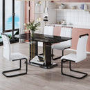 A table and four chairs. The table features a black imitation marble pattern tabletop and black gold MDF legs. The chair has a white PU backrest cushion and black metal legs. F-SQ