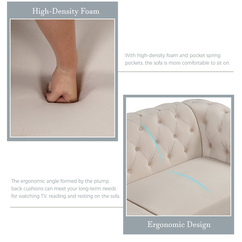 82" Mid Century Modern Sofa with Rubber Wood Legs, Velvet Upholstered Sofa Couch, Sofa with Thick Removable Seat Cushion, 3 Seater Sofa Couch for Living Room, Beige