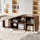 L-Shaped Executive Desk With Storage Cabinet, Home Office Workstation With Shelves - White / Walnut by HouseOfZazla