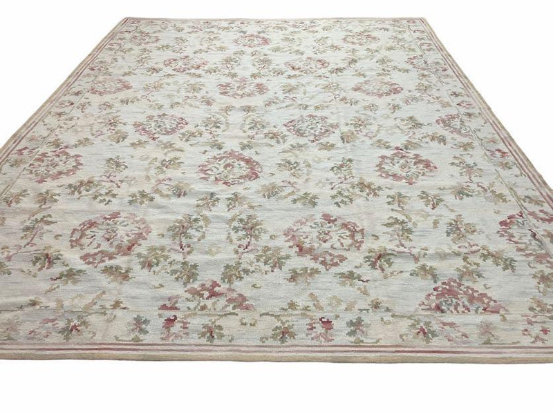 9x12 Flatweave Aubusson Needlepoint Rug, New, Beige, Tan, Green, Handmade, Hand-Knotted Area Rug, French European Carpet, Flowers