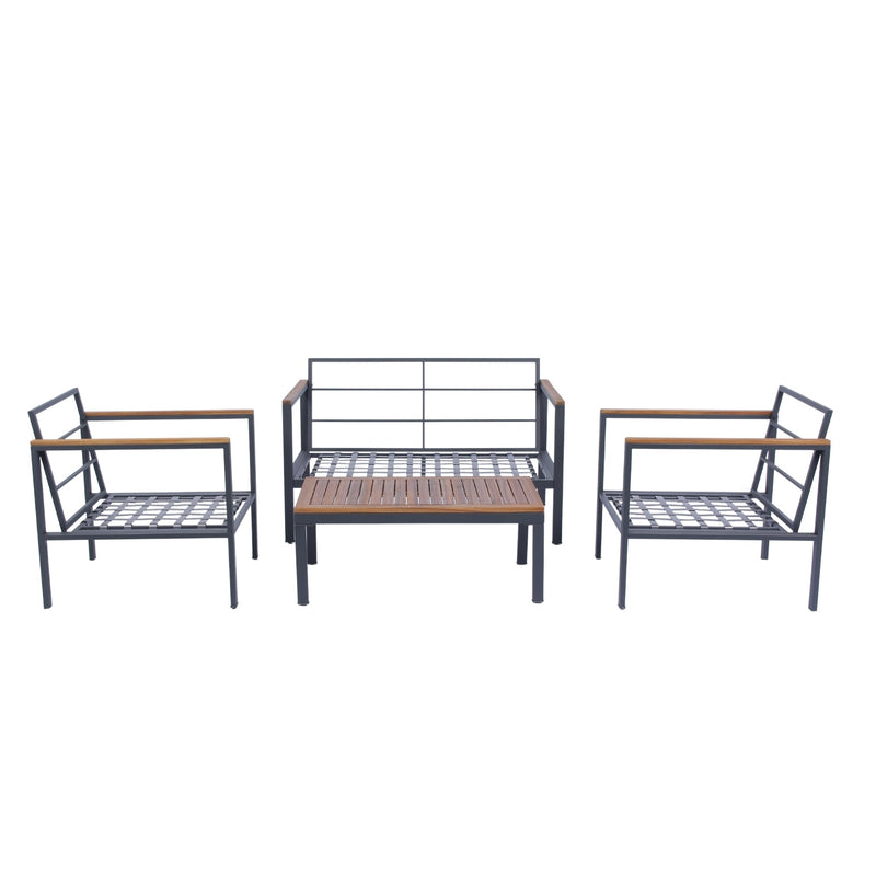 Walker Edison - 4 Piece Outdoor Sofa Set with Acacia Wood Top, Padded Patio Conversation Table Chair Set w/Coffee Table for Garden, Backyard, Poolside Dark Grey Cushion