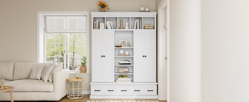 U-Can 78.7''H Hall Tree with Bench and 5 Storage Cubbies, Modern Entryway Storage Organizer Cabinet with 4 Doors, 5 Drawers and Adjustable Shelves for Hallway, Entryway, Living Room