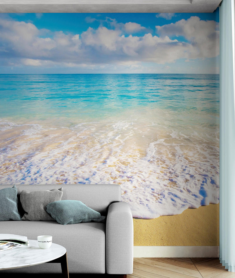 Ocean Beach Shore Wallpaper Mural. Tropical Theme Wall Decor.