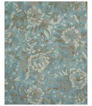 Beautiful Blue, Ivory and Olive Floral Design 8x10 Hand Tufted wool Rug