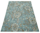 Beautiful Blue, Ivory and Olive Floral Design 8x10 Hand Tufted wool Rug