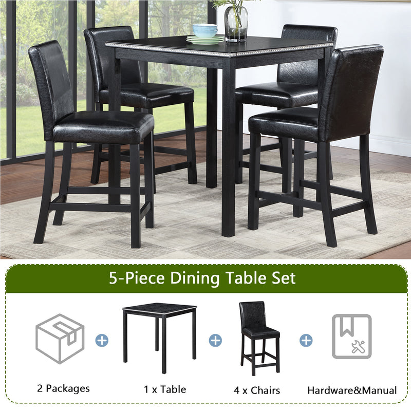 5 Piece Counter Height Table Set, Wooden Kitchen Table Set with Square Table and 4 Upholstered Chairs, Counter Height Dining Table with Crystal Decoration and Chair Set for Kitchen, Dining Room,Black
