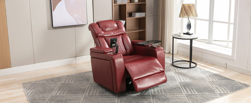 270 Degree Swivel PU Leather Power Recliner Individual Seat Home Theater Recliner with Comforable Backrest, Tray Table, Phone Holder, Cup Holder, USB Port, Hidden Arm Storage for Living Room, Red