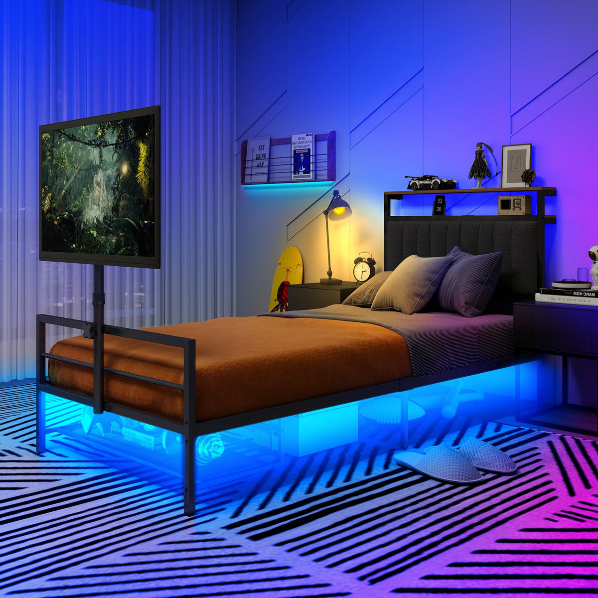 Twin Size Gaming Bed with Rotating TV Mount and LED Lighting, photo 3 of 10