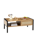 40.16" Rattan Coffee table, sliding door for storage, metal legs, Modern table for living room, natural