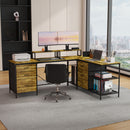 Industrial L Shaped Computer Desk With Power Outlets & USB-C, 6 Fabric Drawers, 3 Open Shelves, Movable Monitor Stands - Brown by HouseOfZazla