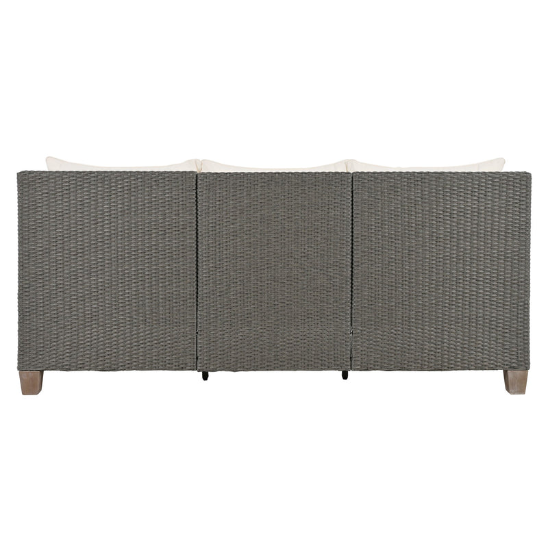 4-Piece Rattan Outdoor Conversation Sofa Set with Wooden Coffee Table and Cushions Seating 5 People for Patio, Garden and Backyard (Grey)