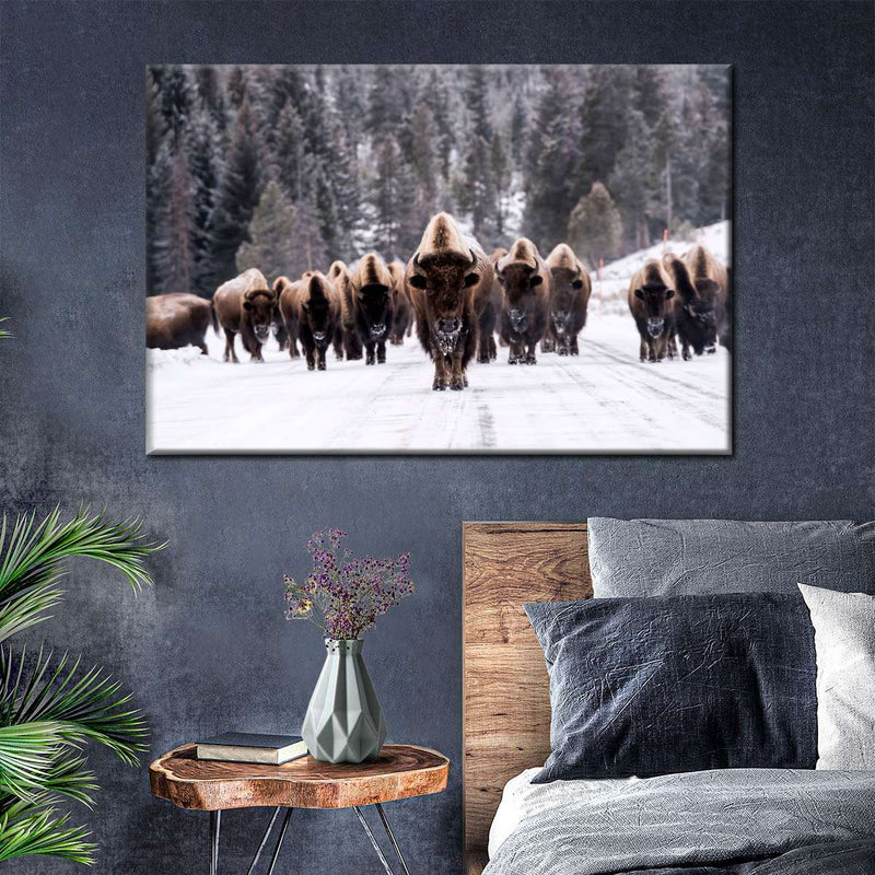 Bison Herd In Winter Wall Art