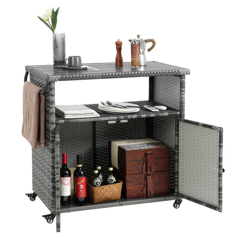 Outdoor Wicker Bar Cart, Patio Wine Serving Cart w/Wheels, Rolling Rattan Beverage Bar Counter Table w/Glass Top for Porch Backyard Garden Poolside Party, Light brown