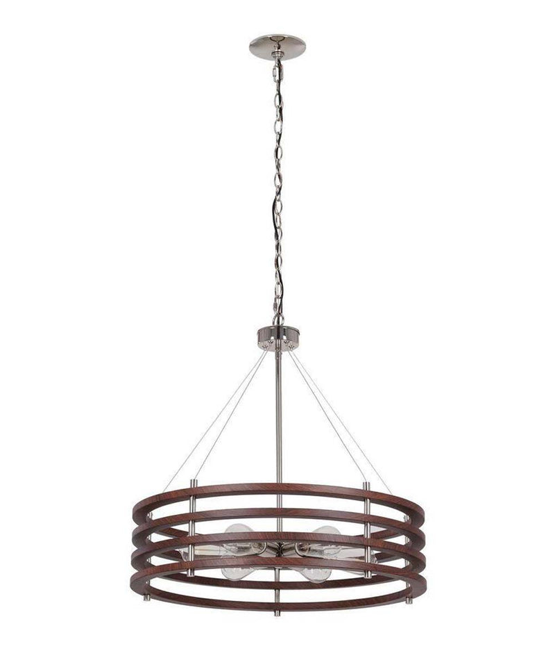 Catalina 24"W 6-Light Polished Nickel Drum Modern Pendant Mahogany Wood Finish Shade