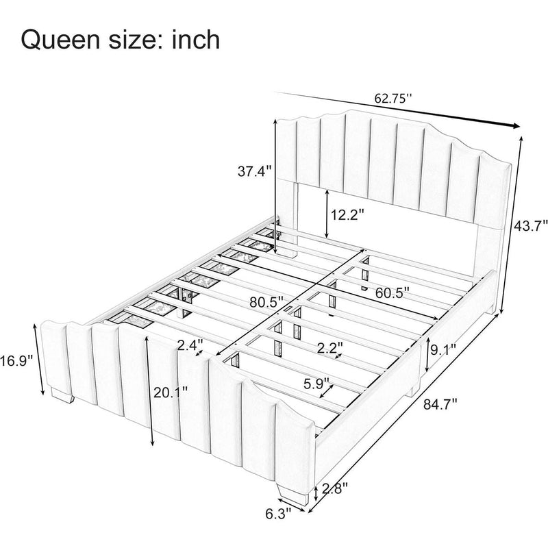 3 Pieces Bedroom Sets Queen Size Velvet Upholstered Platform Bed Vertical Channel Tufted Headboard and Two Three-drawer Nightstands,Beige