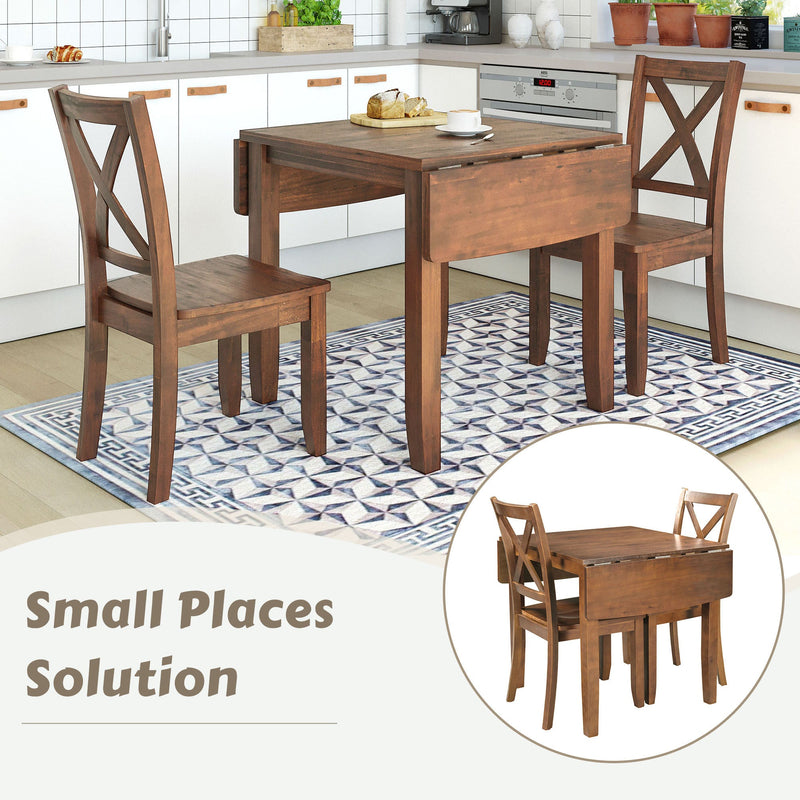 3-Piece Wood Drop Leaf Breakfast Nook Dining Table Set with 2 X-back Chairs for Small Places, Brown
